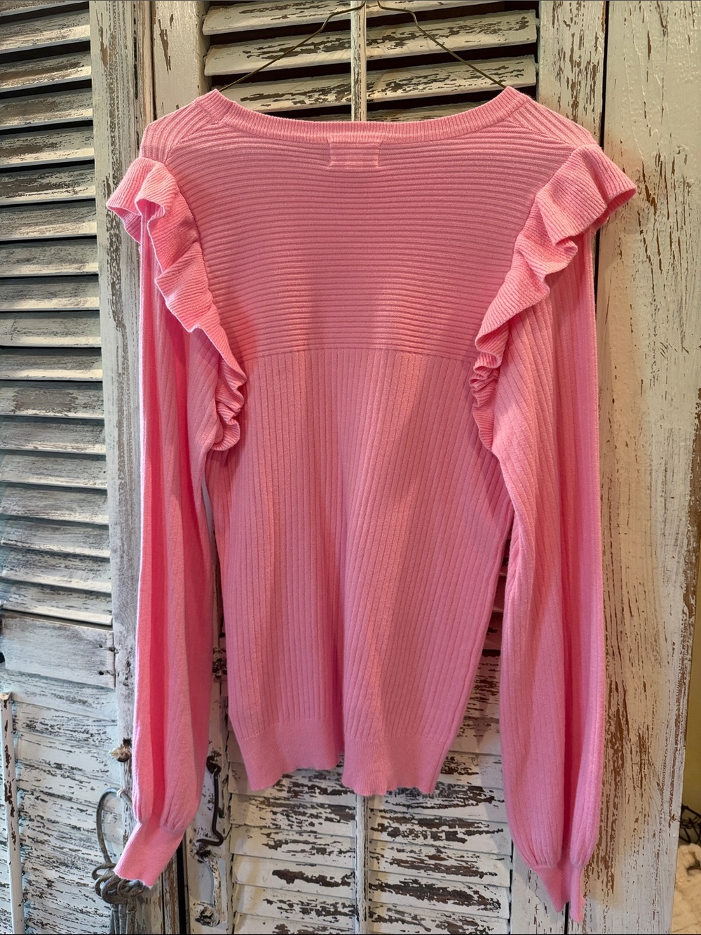Women's Pink Ruffle-Shoulder Ribbed Sweater Top - Picture 2 of 2